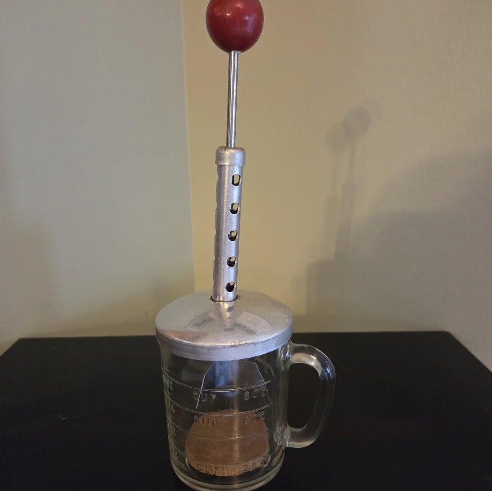 Vintage Hazel Atlas Glass Measuring Cup Nut Chopper Red Ball Handle + Wood Disk